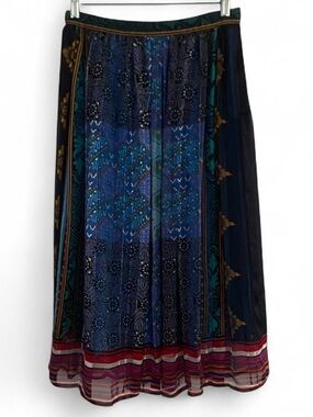 VINTAGE 90’S I. MAGNIN & CO SILK PATCHWORK PLEATED BOHO MIDI SKIRT SIZE XS